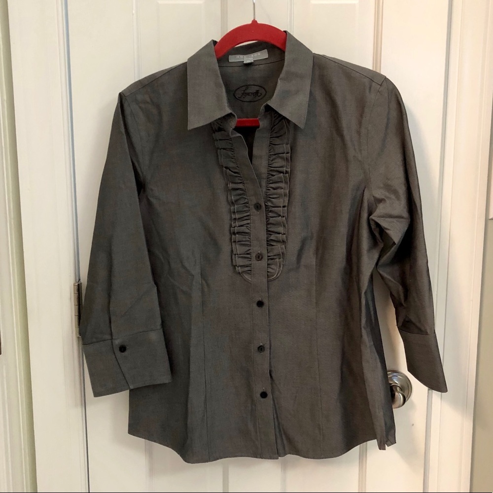Tuxedo-Style 3/4 Sleeve Charcoal Blouse